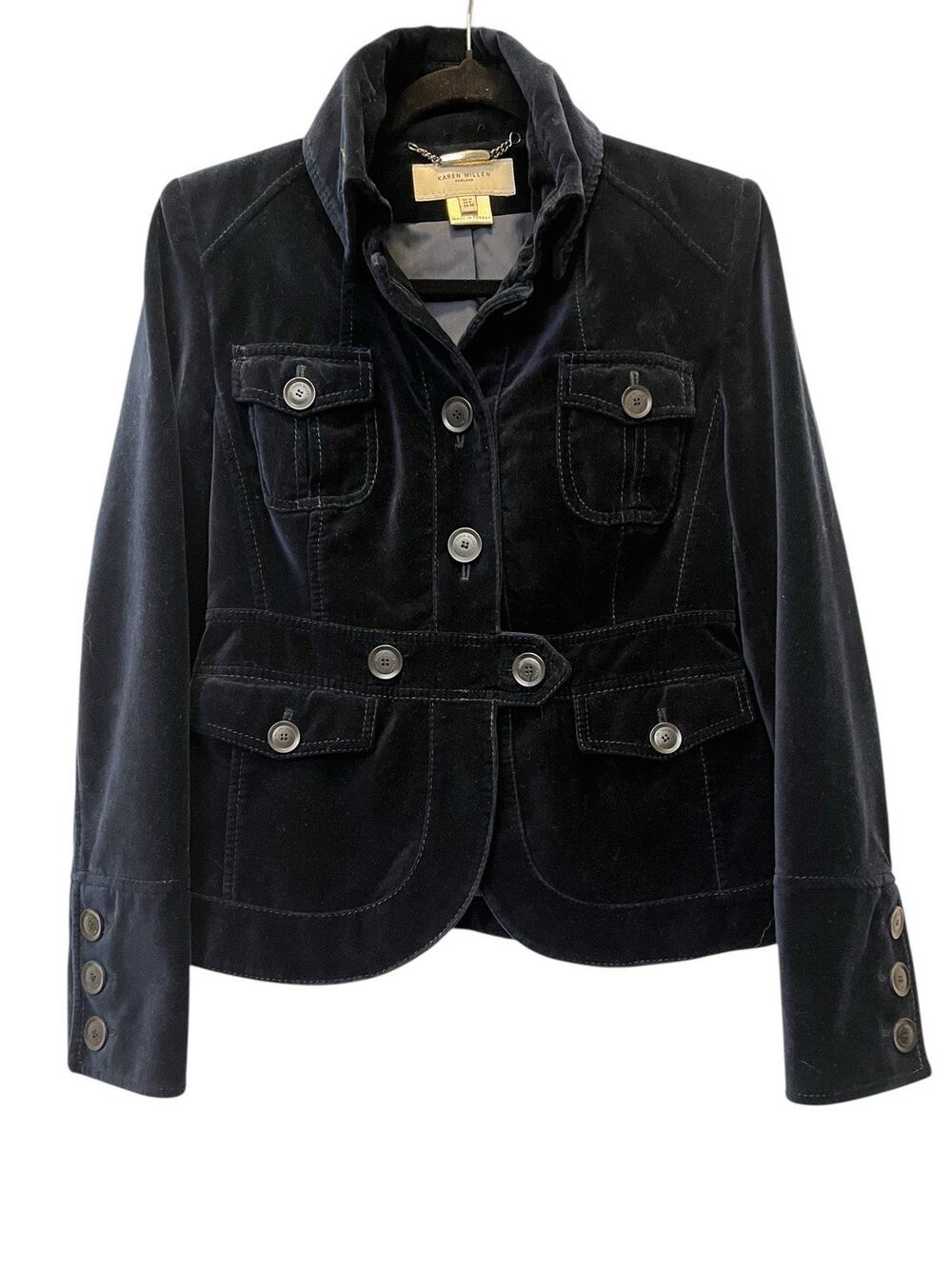 Karen Millen England Women's Size 8 Navy Blue Velvet Blazer Jacket w/ Pockets